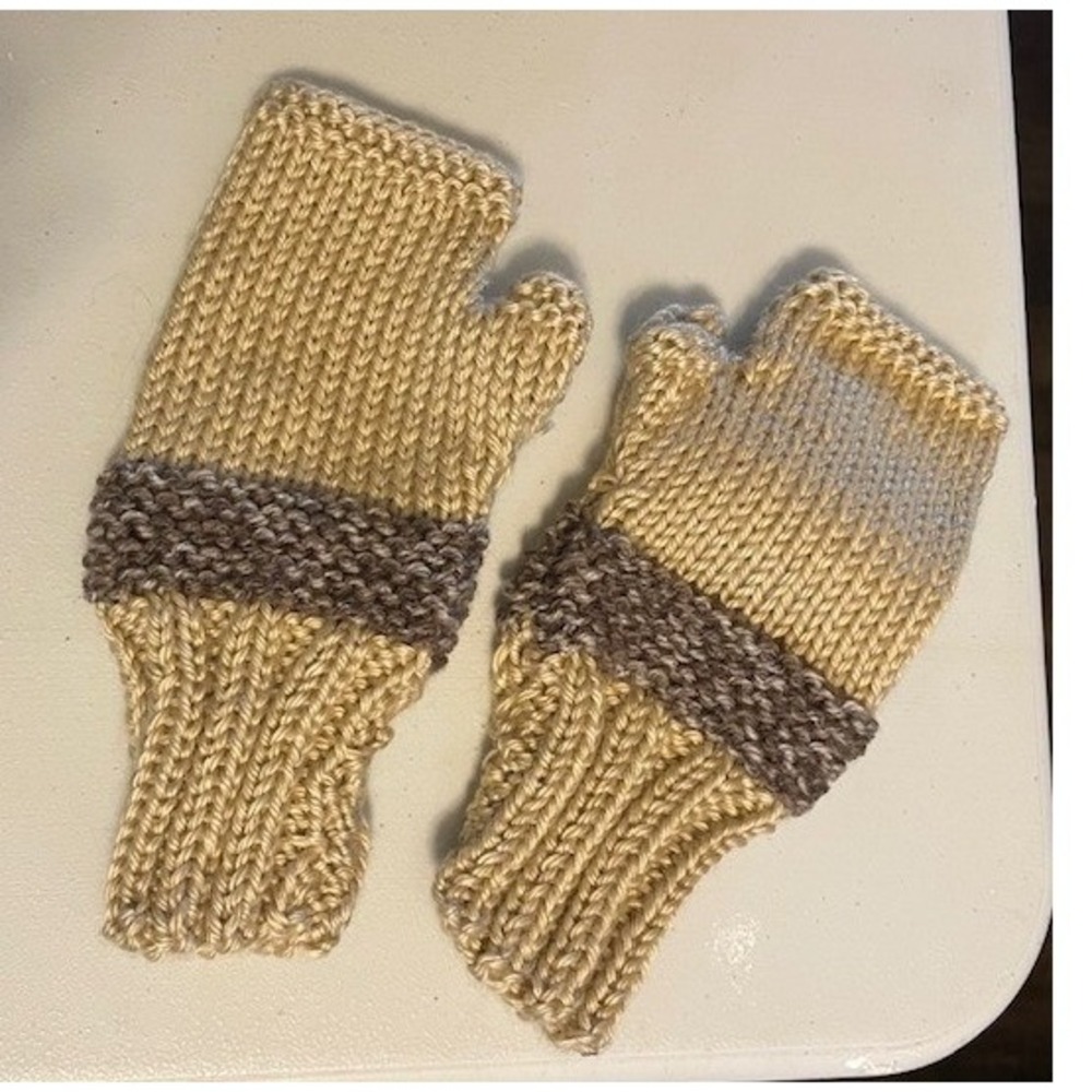 Hand Knitted Fingerless Gloves Beige and Brown